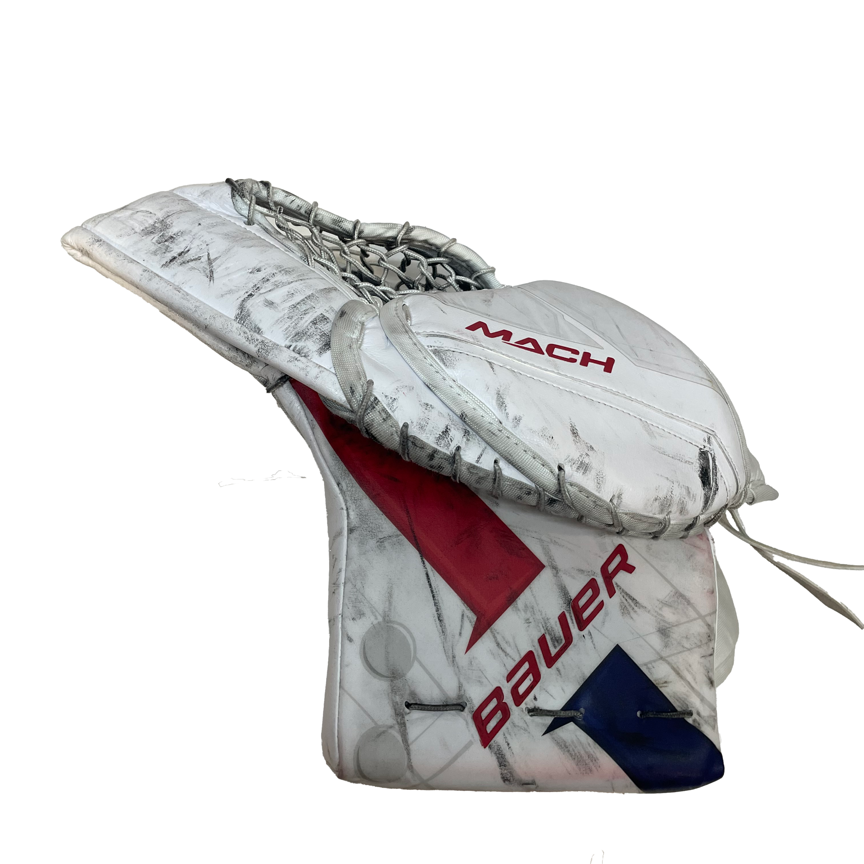 Bauer Supreme Mach - Gant de gardien Cayden Primeau NHL Pro Stock d'occasion - Canadiens de Montréal (blanc/rouge/bleu)